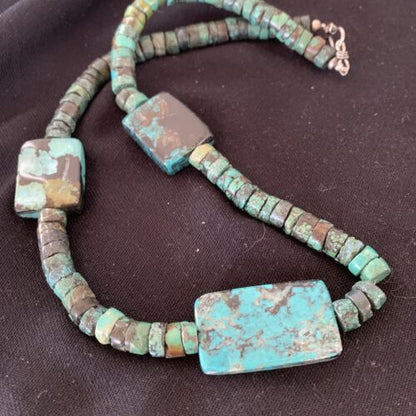 Native American Rustic Turquoise Nugget Heishi Bead Necklace | Sterling Silver | 22" | 1399