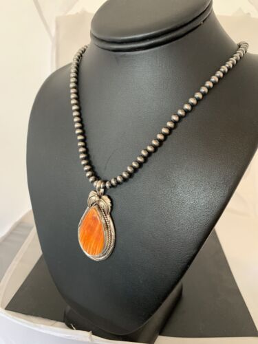 Navajo Orange Spiny Oyster Pendant Necklace | Sterling Silver | Authentic Native American Handmade | 00325