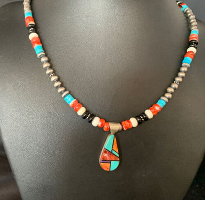 Navajo Multi-Color Turquoise Onyx Inlay Pendant Necklace | Sterling Silver | Authentic Native American Handmade | 13799