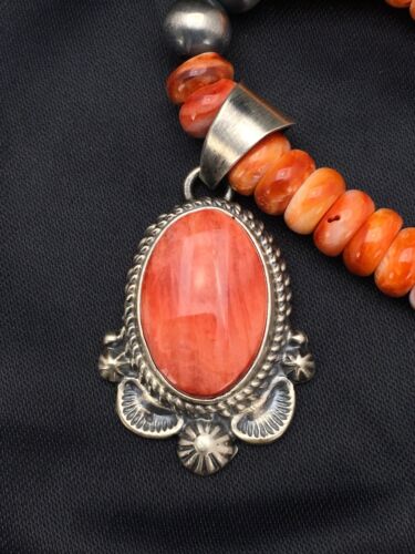 Navajo Orange Spiny Oyster Pendant Necklace | Sterling Silver Beads | Authentic Native American Handmade | 2689 - Masha USA
