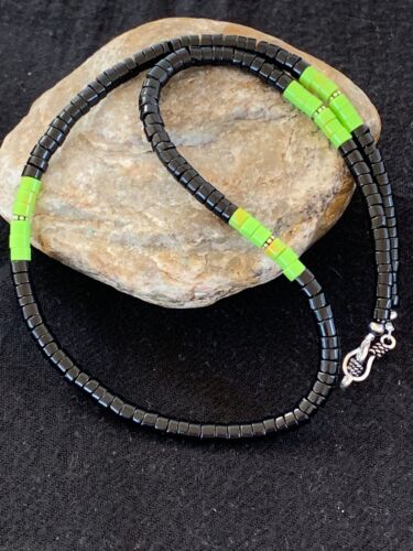 Southwestern Green Gaspeite Heishi Onyx Necklace | Sterling Silver | Men's Jewelry | 19" | 8824