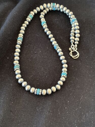 Authentic Native American Navajo Pearls Blue Turquoise Necklace | Sterling Silver Beads | Single Strand | 19" | 227