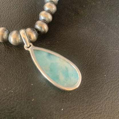Men's Blue Larimar Pendant | 10mm Navajo Sterling Silver Natural Necklace | Authentic Native American Handmade | 13998