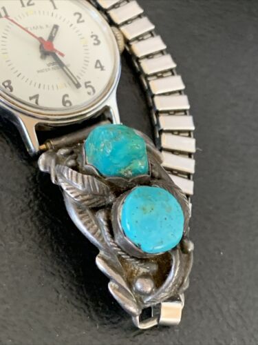 Navajo Women's Sterling Silver Watch Tips with Blue Turquoise Band | Authentic Native American Jewelry | Old Pawn | 12140