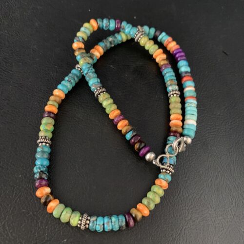 Navajo Blue Turquoise & Orange Spiny Oyster Necklace | Sterling Silver | 18" | 13434