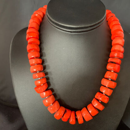 Navajo Orange Bamboo Coral Bead Necklace | 16mm | Sterling Silver | 17" | Authentic Native American Handmade | 13524