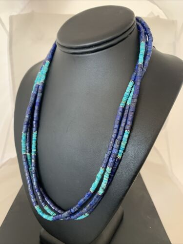 Navajo Lapis & Turquoise 3 Strand Necklace | Sterling Silver | 21" | Authentic Native American Handmade | 1011