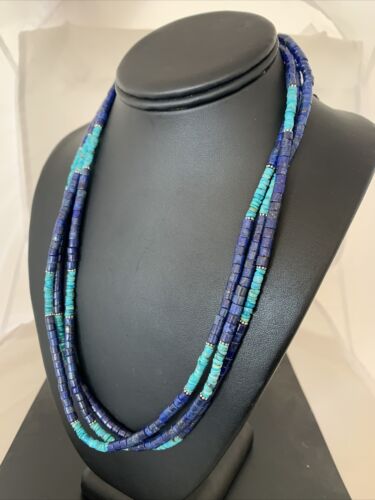 Navajo Lapis & Turquoise 3 Strand Necklace | Sterling Silver | 21" | Authentic Native American Handmade | 01011