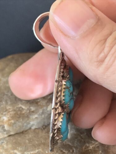 Navajo Kingman Blue Turquoise Cluster Pendant | Authentic Native American Sterling Silver | Multi-Stone | 2" | 2093