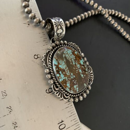 Navajo Pearls Sterling Silver Necklace with Blue Turquoise #8 Pendant | Authentic Native American Handmade | 11297