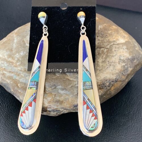 Navajo Multi-Color Turquoise Coral Mother of Pearl Inlay Earrings | Sterling Silver | 3" | 2097