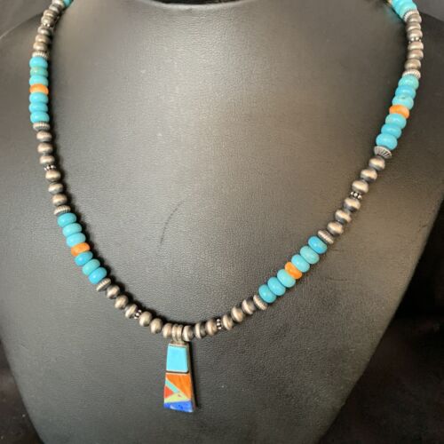 Navajo Sterling Silver Necklace | Blue Turquoise Coral Inlay Pendant | Southwestern |13841