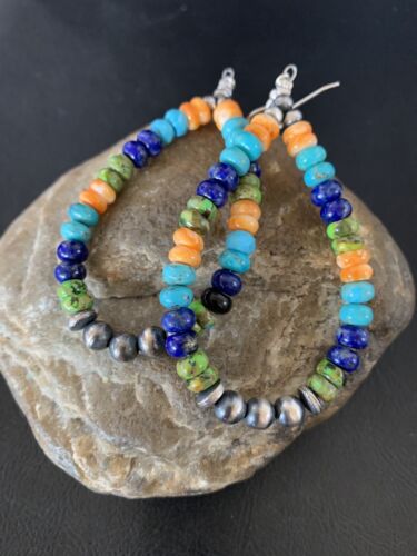 Navajo Multi-Color Lapis Spiny Turquoise Dangle Earrings | Sterling Silver | Authentic Native American Handmade | 12978
