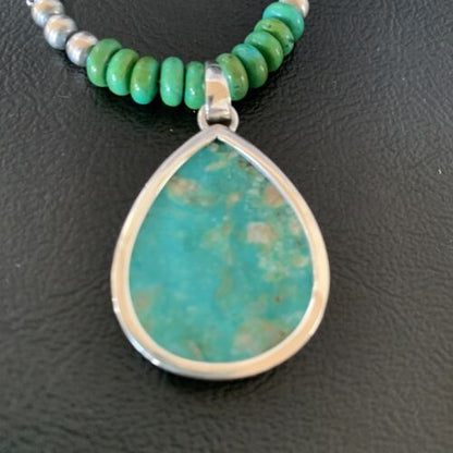 Navajo Green Turquoise Pendant Necklace | Sterling Silver Beads | Authentic Native American Handmade | 13307