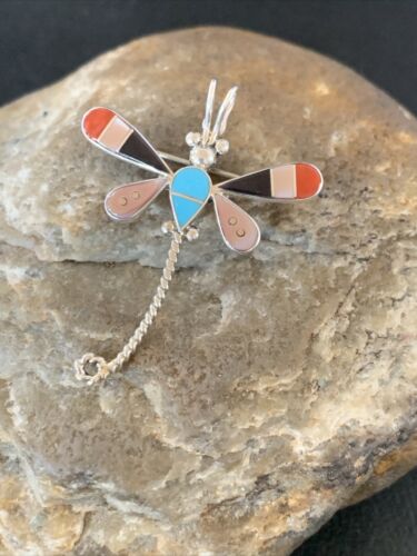 Turquoise & Mother of Pearl Inlay Dragonfly Necklace Pin Pendant | Zuni Sterling Silver | Native American Handmade | 12324