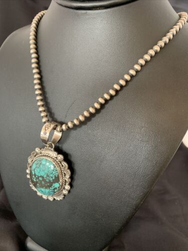 Men's Navajo Blue Spiderweb Turquoise Pendant Necklace | Sterling Silver | Authentic Native American Handmade | 10234