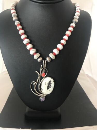 Navajo White Turquoise & Spiny Oyster Pendant Necklace | Authentic Native American Sterling Silver | Multi-Stone | 8645
