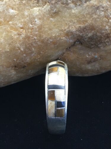 Navajo Sterling Silver Onyx & Picture Jasper Inlay Ring | Sz 13.5 | Authentic Native American Handmade | 01592