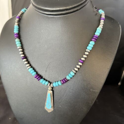 Navajo Blue Turquoise Sugilite Pendant | Sterling Silver Inlay Necklace | Authentic Native American Handmade | 14641