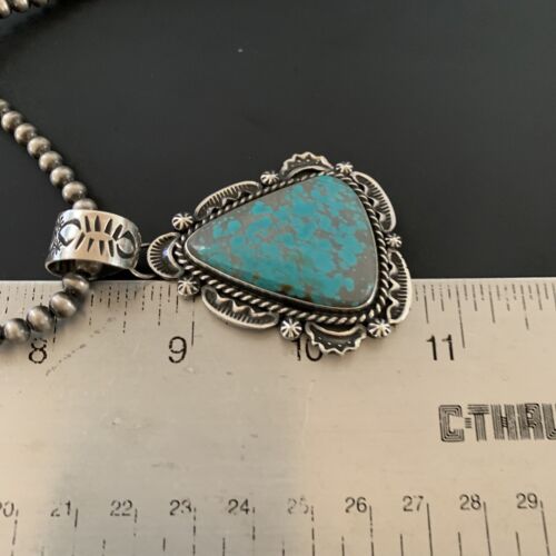 Navajo Pearls Sterling Silver Necklace with Blue Turquoise #8 Pendant | Authentic Native American Handmade | 11311