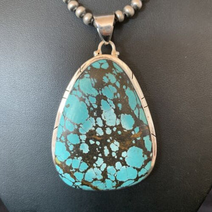 Men's Navajo Pearl Necklace with Blue Spiderweb Turquoise Pendant | Sterling Silver | 10532