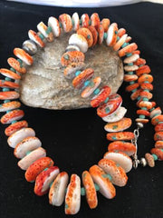 Navajo Orange Spiny Oyster & Turquoise Necklace | Sterling Silver | Authentic Native American | 22" | 3607
