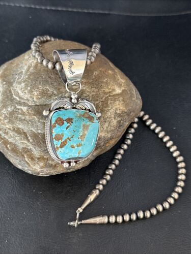 Navajo Pearls Royston Turquoise Necklace Pendant | Sterling Silver | Authentic Native American Handmade | 14802