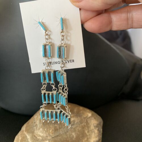 Zuni Handmade Kingman Turquoise Needle Point Dangle Earrings | Sterling Silver | 12123