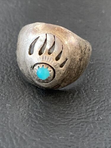 Native American Old Pawn Navajo Bear Paw Blue Turquoise Ring | Sterling Silver | Sz 6 | 2171