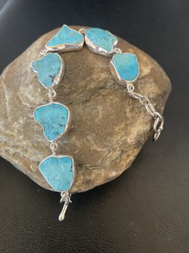 Navajo Blue Kingman Turquoise Link Bracelet | Sterling Silver | 8" | Authentic Native American Handmade | 11647