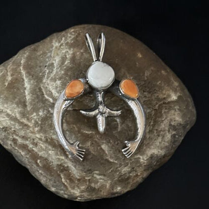 Navajo White Buffalo Turquoise Spiny Naja Pendant | Sterling Silver | Authentic Native American Handmade | 14671
