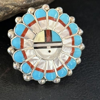 Navajo Zuni Sun Face Ring | Sterling Silver Turquoise Onyx Mother of Pearl Inlay | Sz 8 | 14451