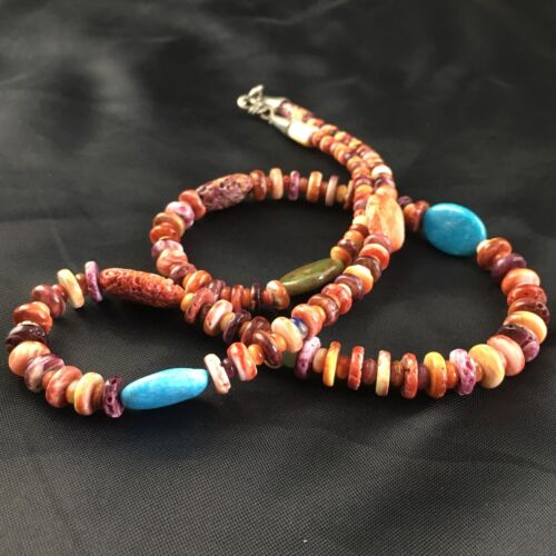 Navajo Turquoise | Purple Red Spiny Oyster Bead Necklace | Sterling Silver | 22" | 10143