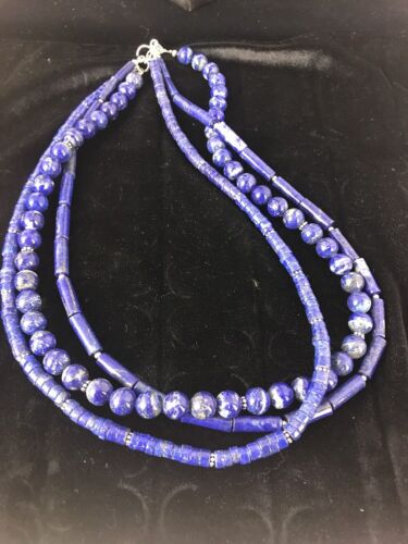 Native American Denim Lapis Necklace | 3 Strand Sterling Silver Tube Bead | 22" | 3869