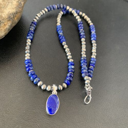 Native American Navajo Blue Lapis Pendant Necklace | Sterling Silver | Authentic Handmade | 11667 - Masha USA
