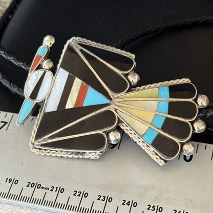 Men's Bolo Tie | Zuni Thunderbird Kingman Turquoise Inlay | Sterling Silver | 14232