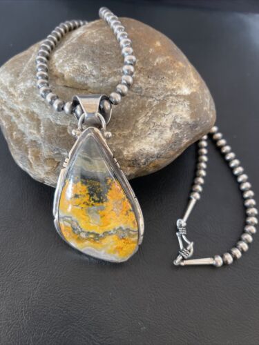 Men's Navajo Pearls Necklace with Bumblebee Jasper Pendant | Sterling Silver | Authentic Native American Handmade | 10556