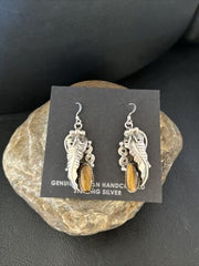 Navajo Coffee Tigers Eye Dangle Earrings | Sterling Silver | Authentic Native American Handmade | 14759