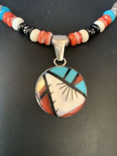 Zuni Multi-Color Turquoise Onyx Necklace | Sterling Silver Inlay Pendant | Authentic Native American Handmade | 13800