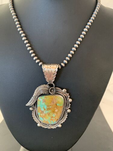 Navajo Royston Turquoise Pendant Necklace | Sterling Silver | Authentic Native American Handmade | 4126 - Masha USA