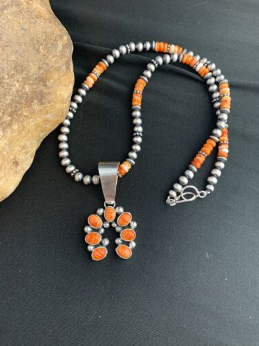 Navajo Pearls Sterling Necklace | Orange Spiny Oyster Cluster Naja Pendant | Native American 21" | 00189