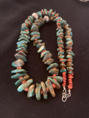 Navajo Green Turquoise & Spiny Oyster  Necklace | Sterling Silver | 26" Graduated | Authentic Native American | 00609