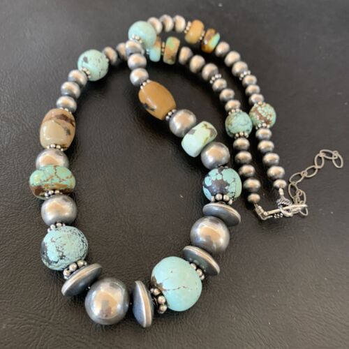 Navajo Pearl Dry Creek Turquoise Beads Necklace | Sterling Silver | 21" | Authentic Native American Handmade | 10980