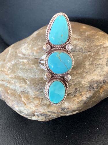 Navajo Blue Turquoise Cluster Ring | Authentic Native American Sterling Silver | Multi-Stone | Sz 8 | 2121