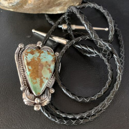 Navajo Green Royston Turquoise Bolo Tie | Sterling Silver | Authentic Native American Handmade | 14109