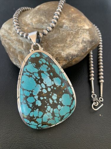 Men's Navajo Pearl Necklace with Blue Spiderweb Turquoise Pendant | Sterling Silver | 10532