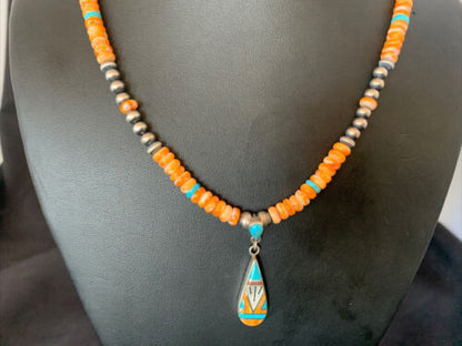 Navajo Pearls, Orange Spiny Oyster & Turquoise Sterling Silver Necklace with Pendant | Authentic Native American | 12704