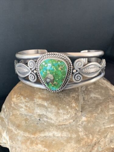 Navajo Green Sonoran Gold Turquoise Cuff Bracelet | Sterling Silver | Authentic Native American Handmade | 13830