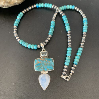 Navajo Pearls Necklace with Blue Mojave Turquoise Moon Pendant | Authentic Native American Sterling Silver | Multi-Stone | 11867