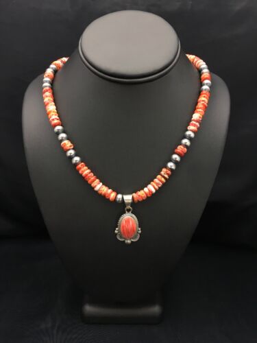 Navajo Red Spiny Oyster Pendant Necklace | Sterling Silver | Authentic Native American Handmade | 2690